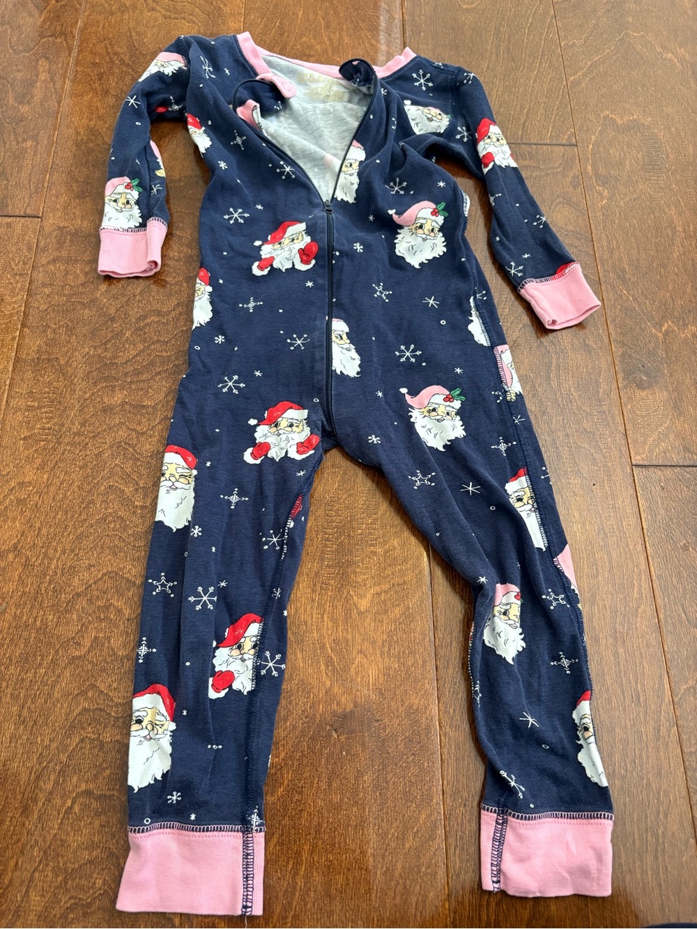 The Beaufort Bonnet Company Navy Santa Print Footed One-Piece with Pink Trim